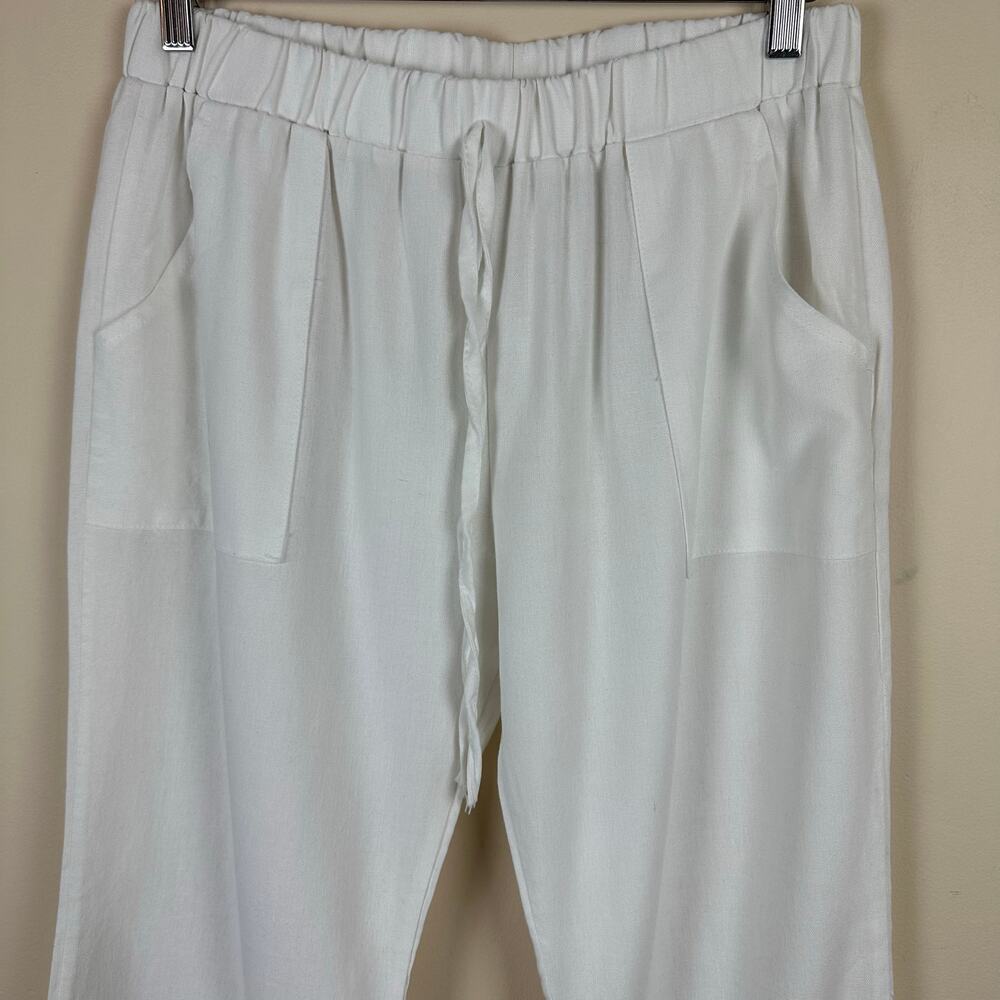 Womens White Linen Blend Wide Leg Flare Pants Size L Coastal Resort Summer Swim - Picture 2 of 11